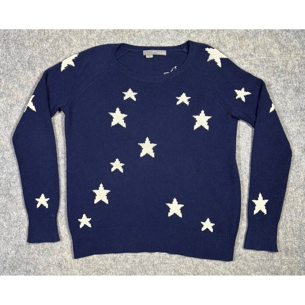 360 Sweater Women’s M 100% Cashmere Navy Stars Pullover Soft Crew Neck Luxury
